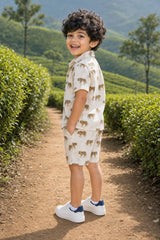 Side view of boys tiger print coord set shirt and shorts