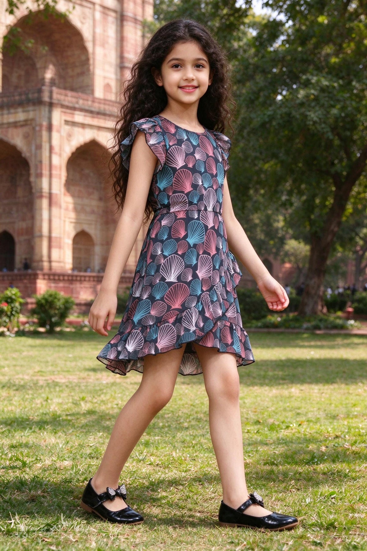 Side view of Girls Georgette Dress with Frilled Sleeves