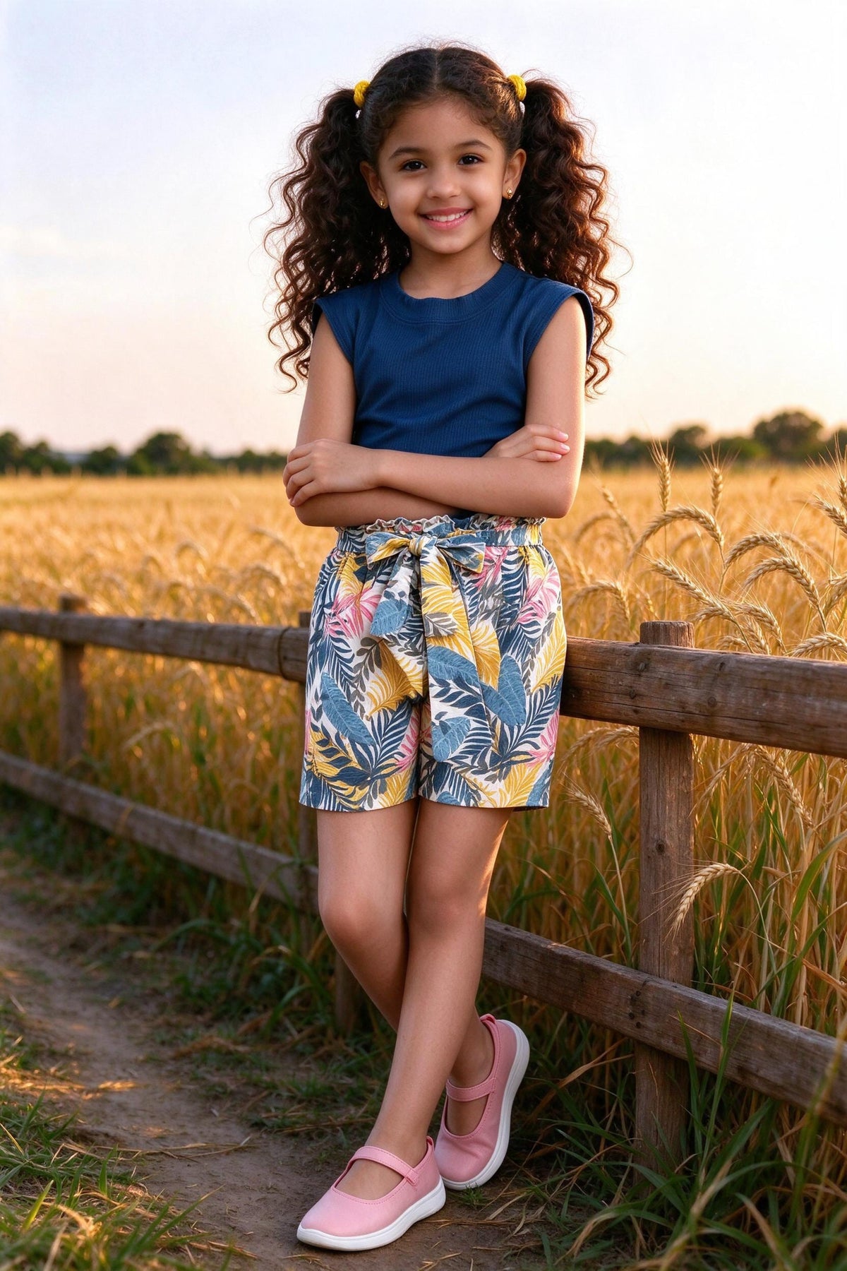 Girl wearing girls air force blue rib top & tropical print paper-bag shorts set, front view