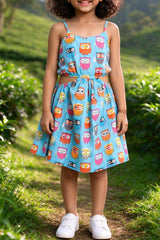 Close-up of Girls Blue Boat Neck Cotton Dress showing print and details