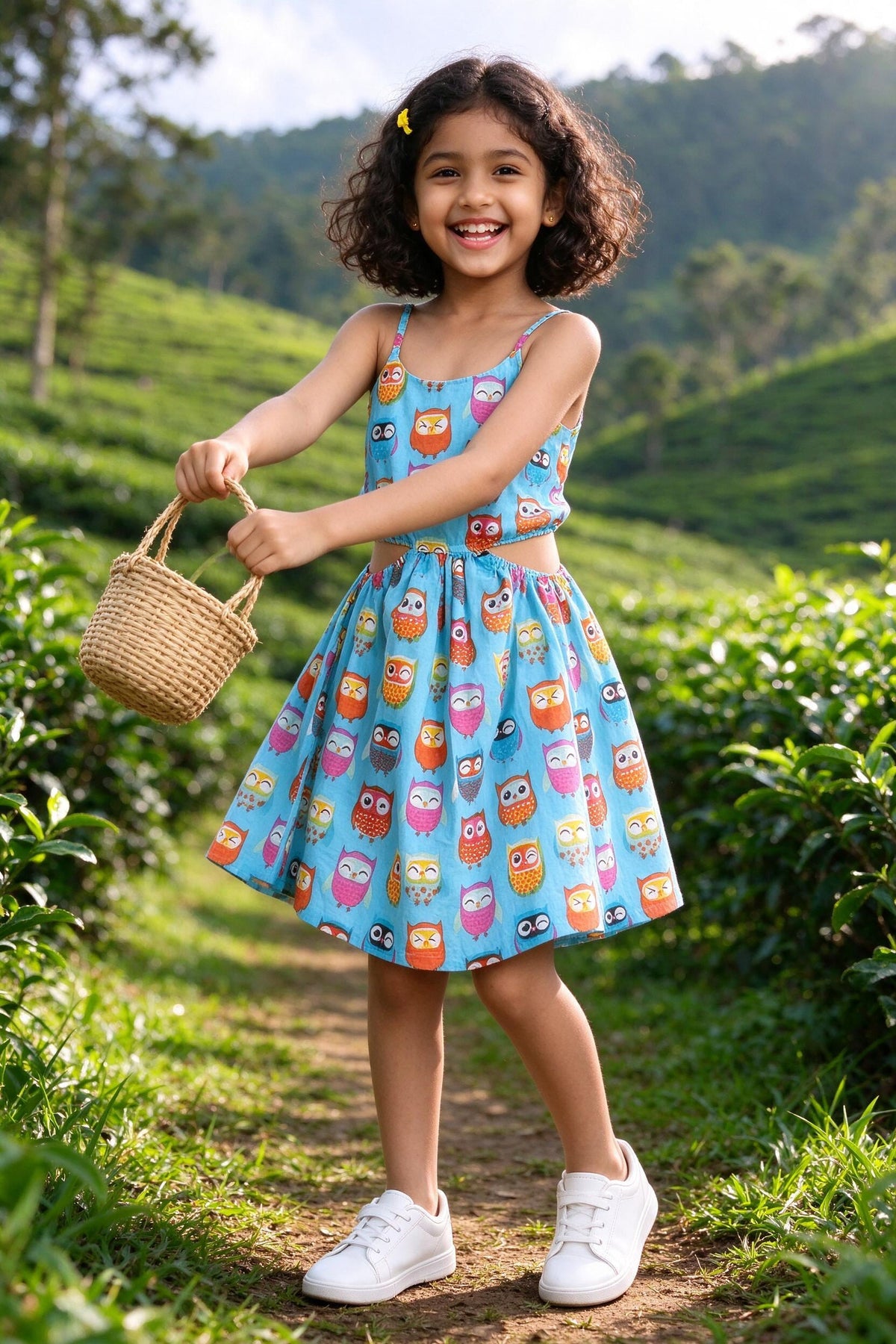 Girl wearing Girls Blue Boat Neck Cotton Dress, front view