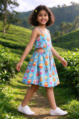 Side view of Girls Blue Boat Neck Cotton Dress