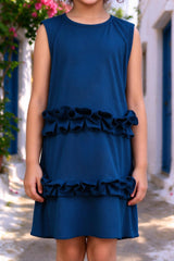 Close-up of Girls Dark Blue Casual One Piece Dress showing print and details