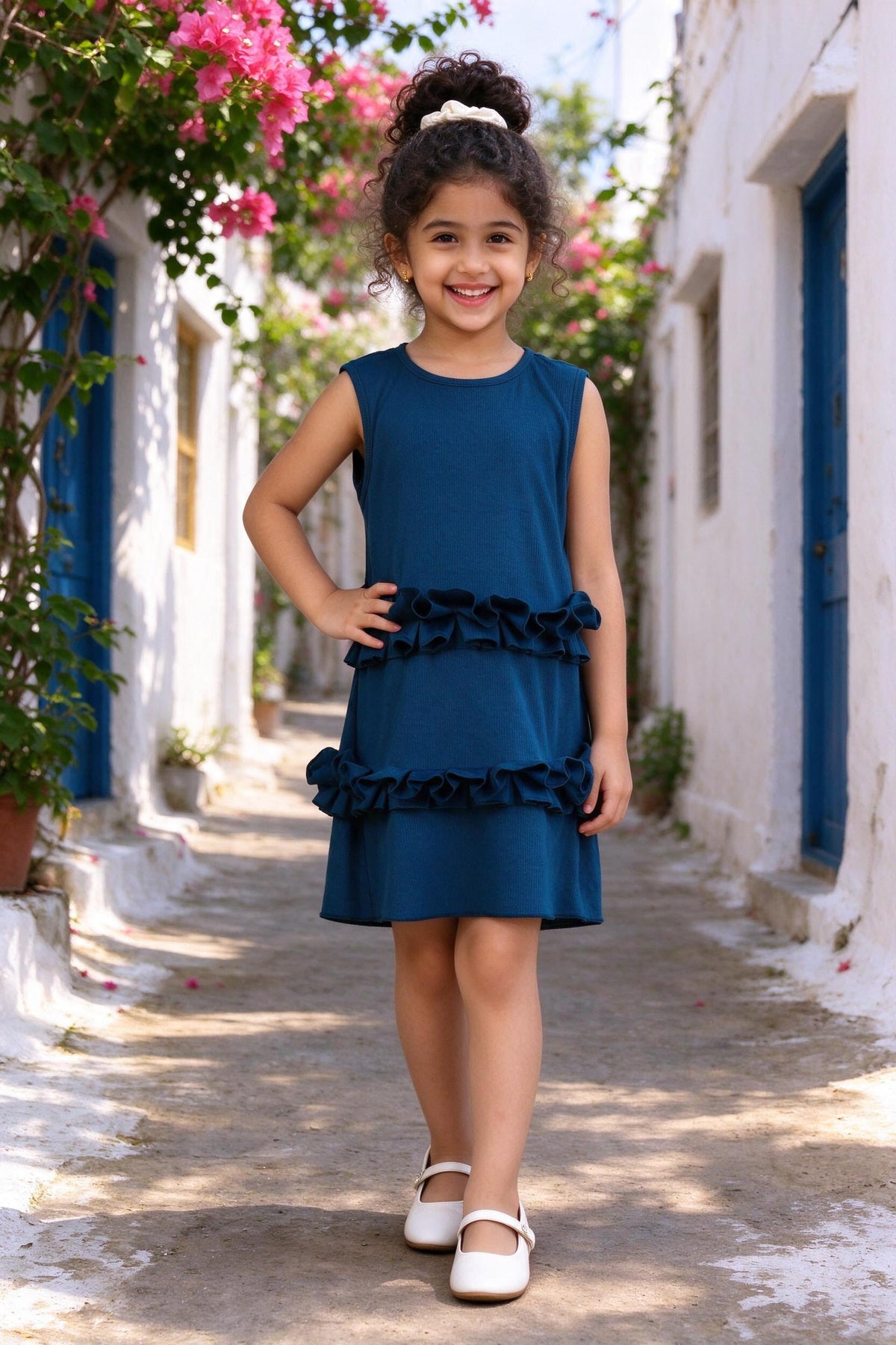 Girl wearing Girls Dark Blue Casual One Piece Dress, front view