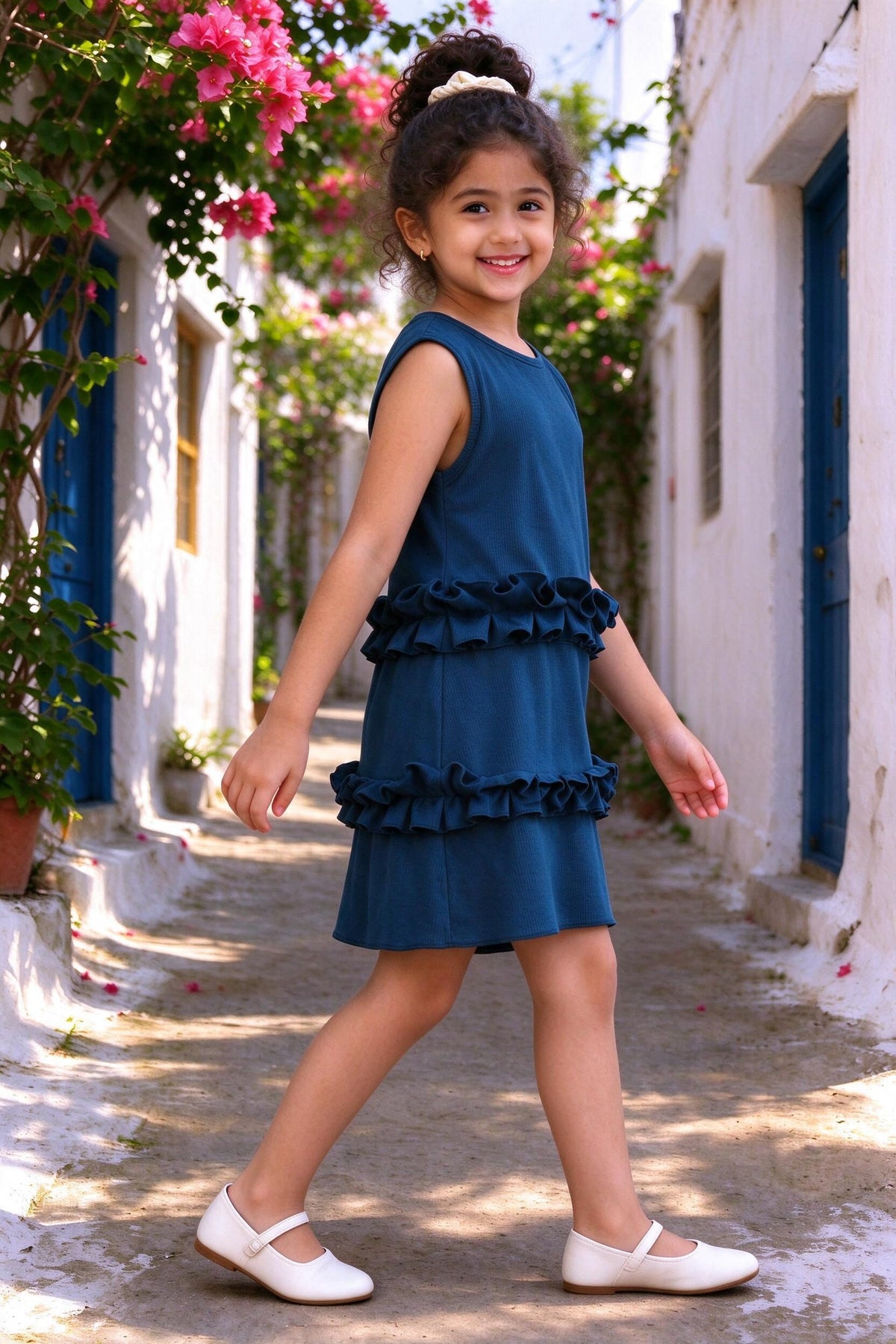 Side view of Girls Dark Blue Casual One Piece Dress