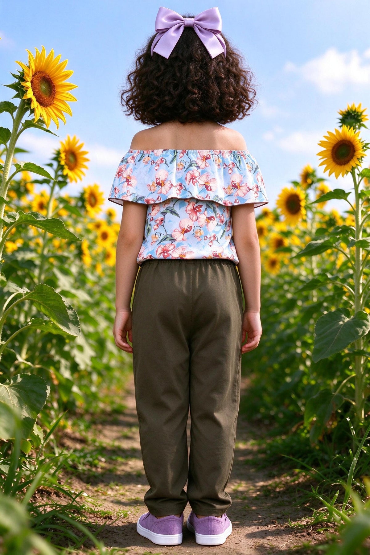 Back view of girls floral off-shoulder top & olive pants set