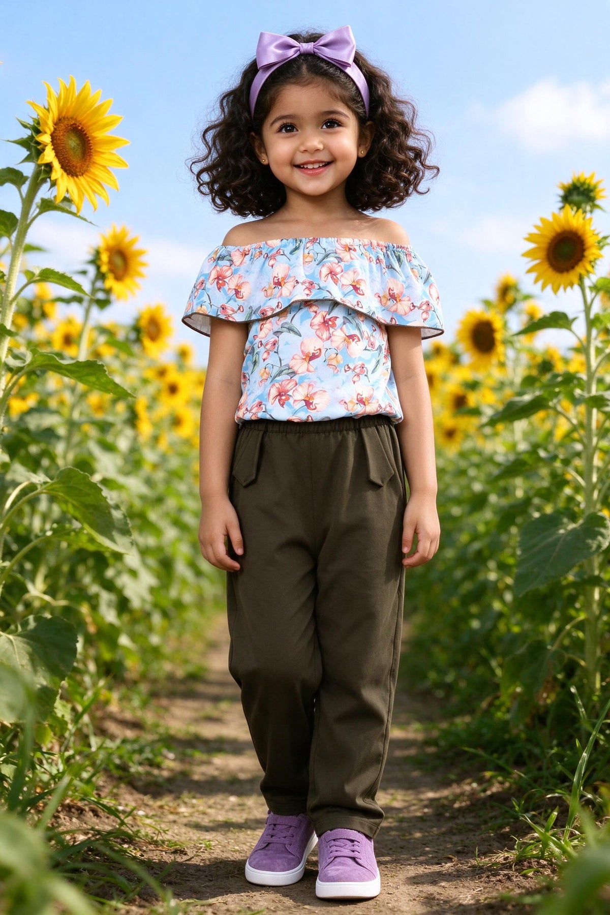 Girl wearing girls floral off-shoulder ruffle top & olive pants set, front view