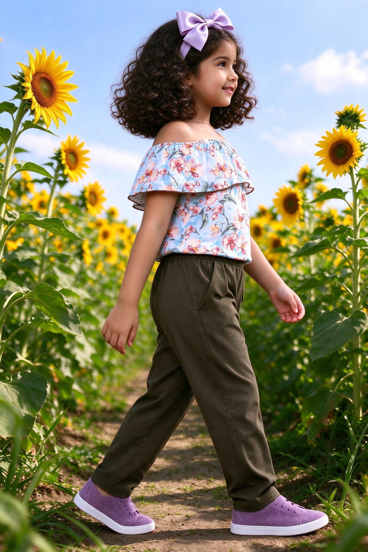 Side view of girls floral off-shoulder top & olive pants set