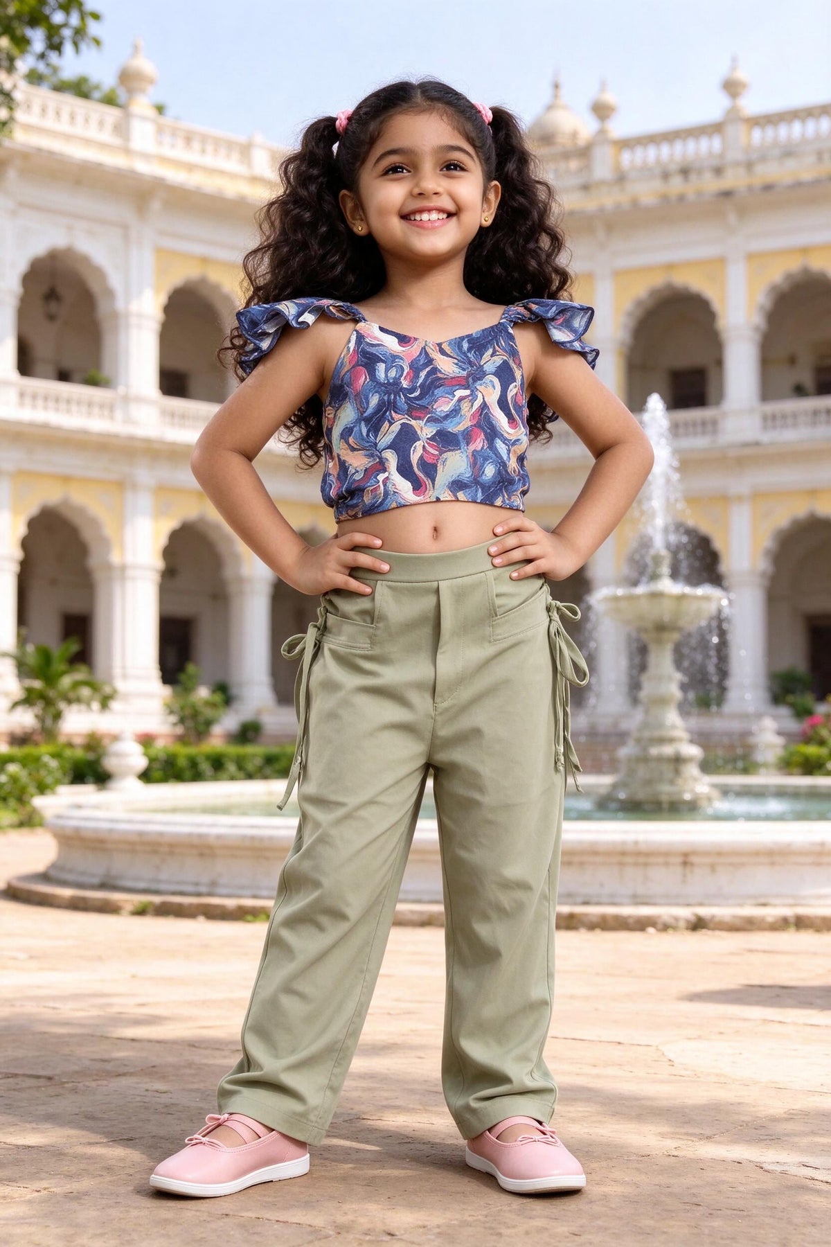 Girl wearing girls navy marbled print frill crop top & pista green trousers set, front view