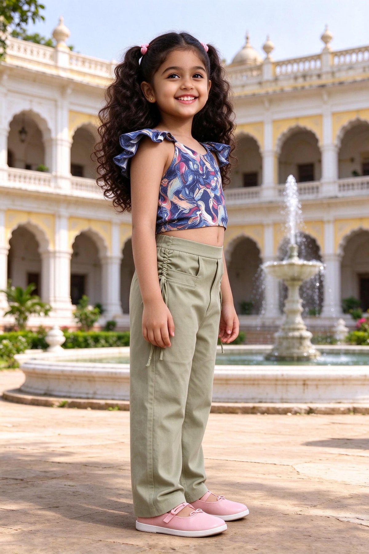 Side view of girls frilled top & pista green trousers set