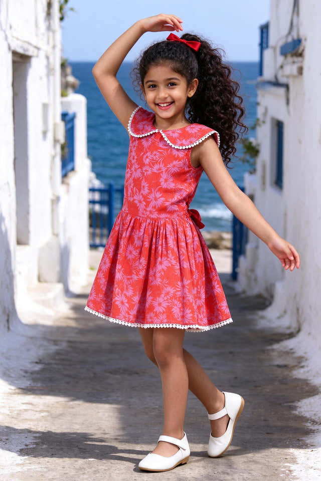Girls Red Daisy Floral Cotton Dress