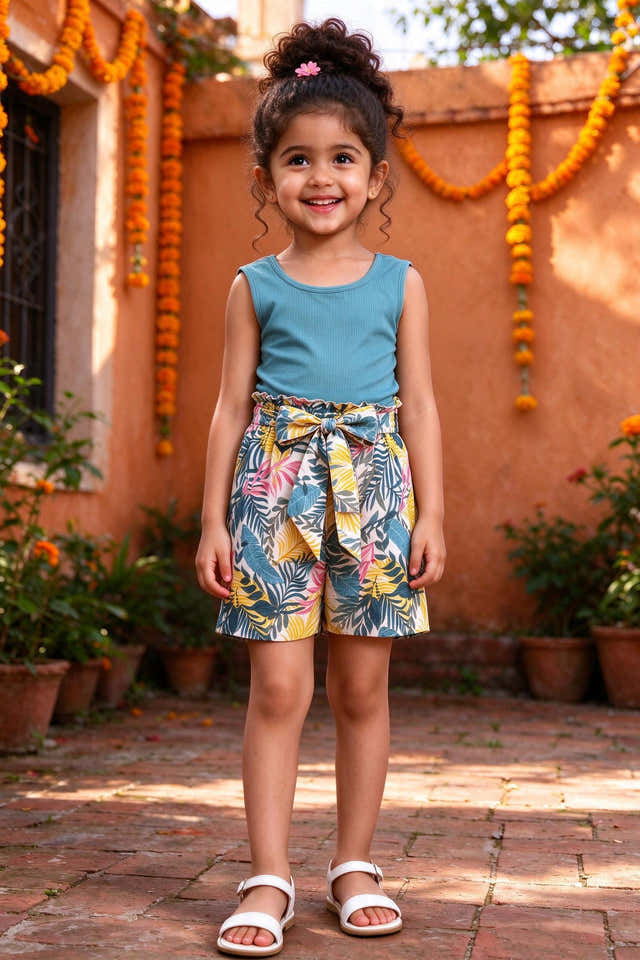 Girls Teal Top & Floral Shorts Set