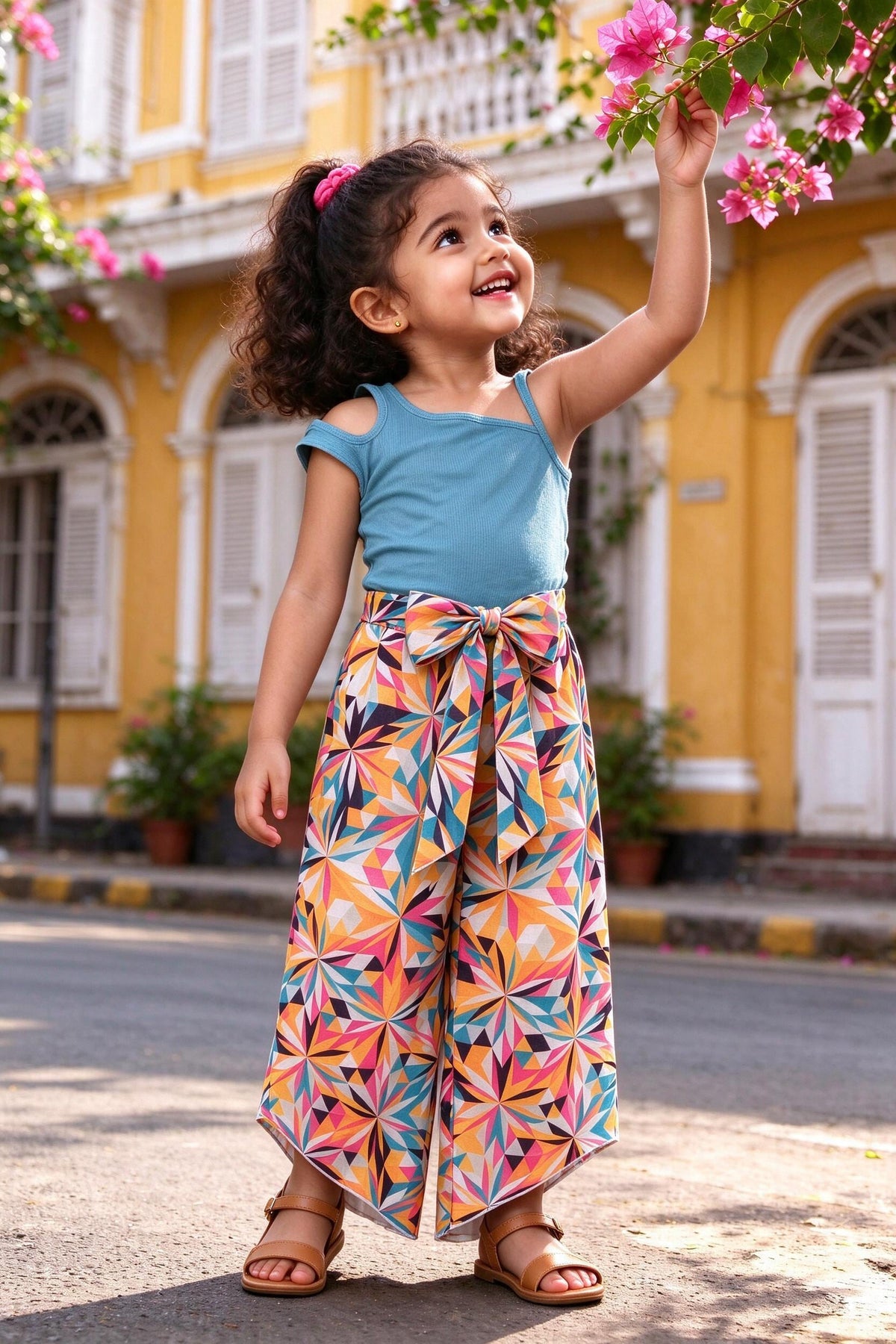 Girl wearing girls teal cold-shoulder top & multicolour geometric print palazzo set, front view
