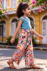 Side view of girls teal top & multicolour palazzo set