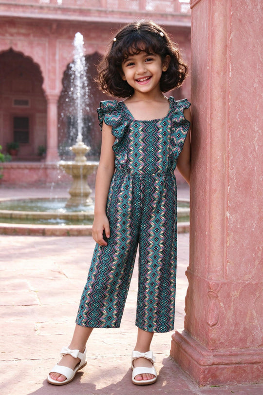 Girl wearing Girls Unicorn Print Crepe Jumpsuit, front view