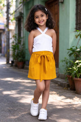 Girls White Top & Yellow Shorts Set - front