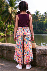 Back view of girls wine top & multicolour palazzo set