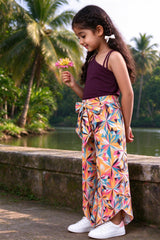 Side view of girls wine top & multicolour palazzo set