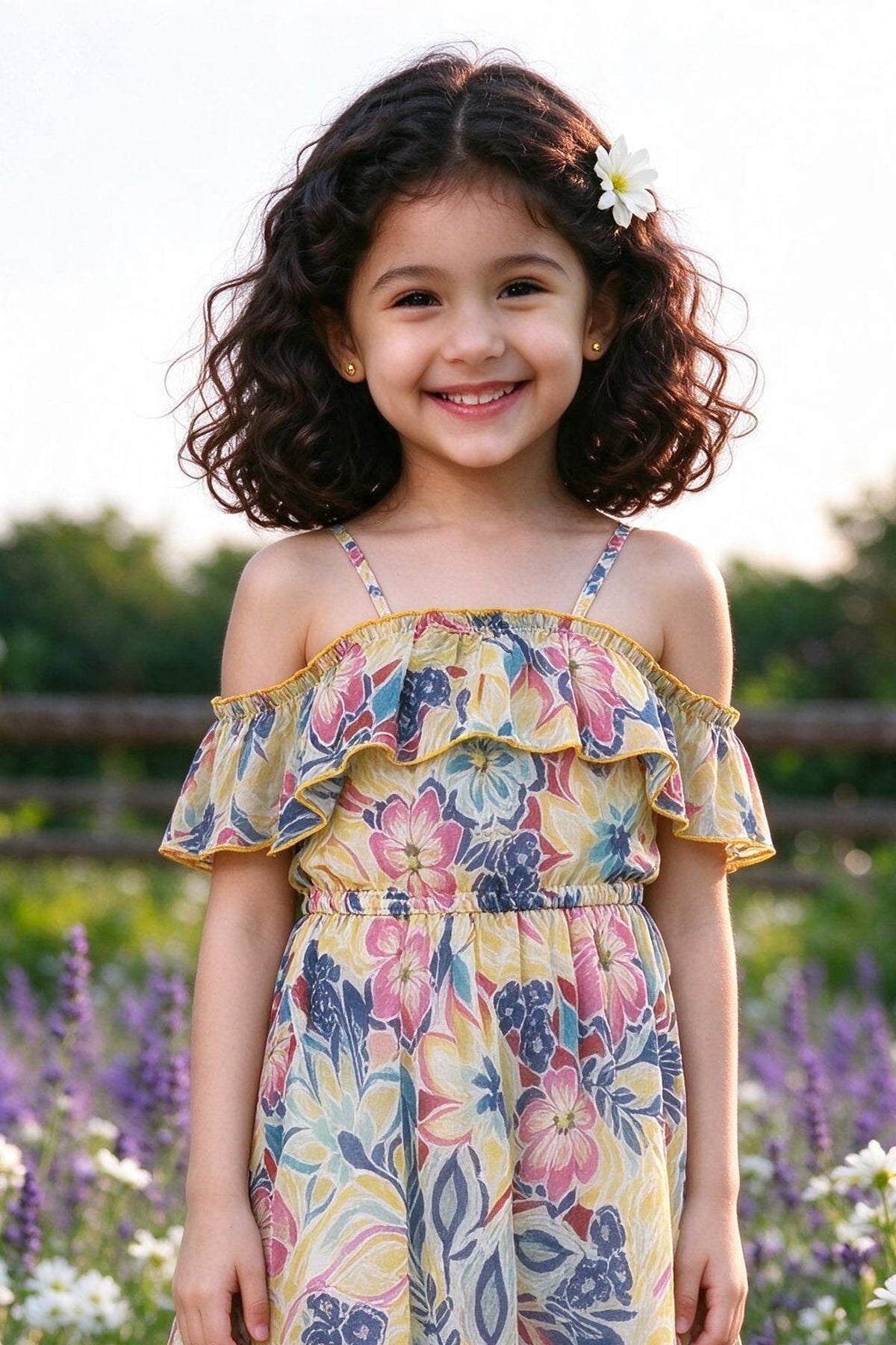 Close-up of Girls Multicolor Georgette Dress off-shoulder ruffle neckline
