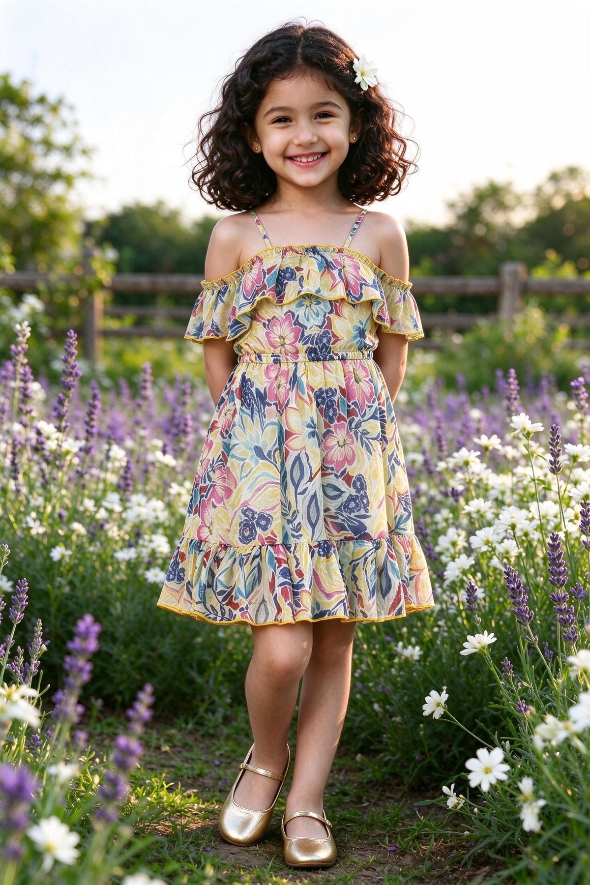 Girl wearing Girls Multicolor Georgette Dress off-shoulder, front view