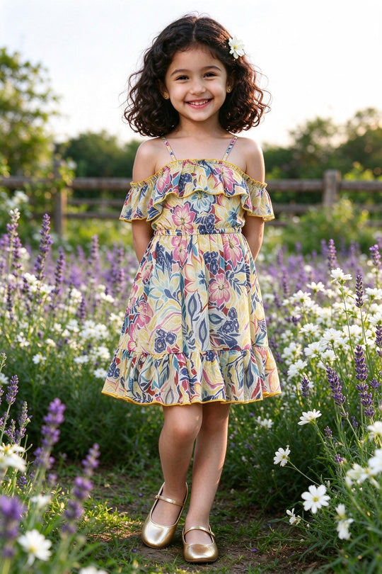 Girl wearing Girls Multicolor Georgette Dress off-shoulder, front view
