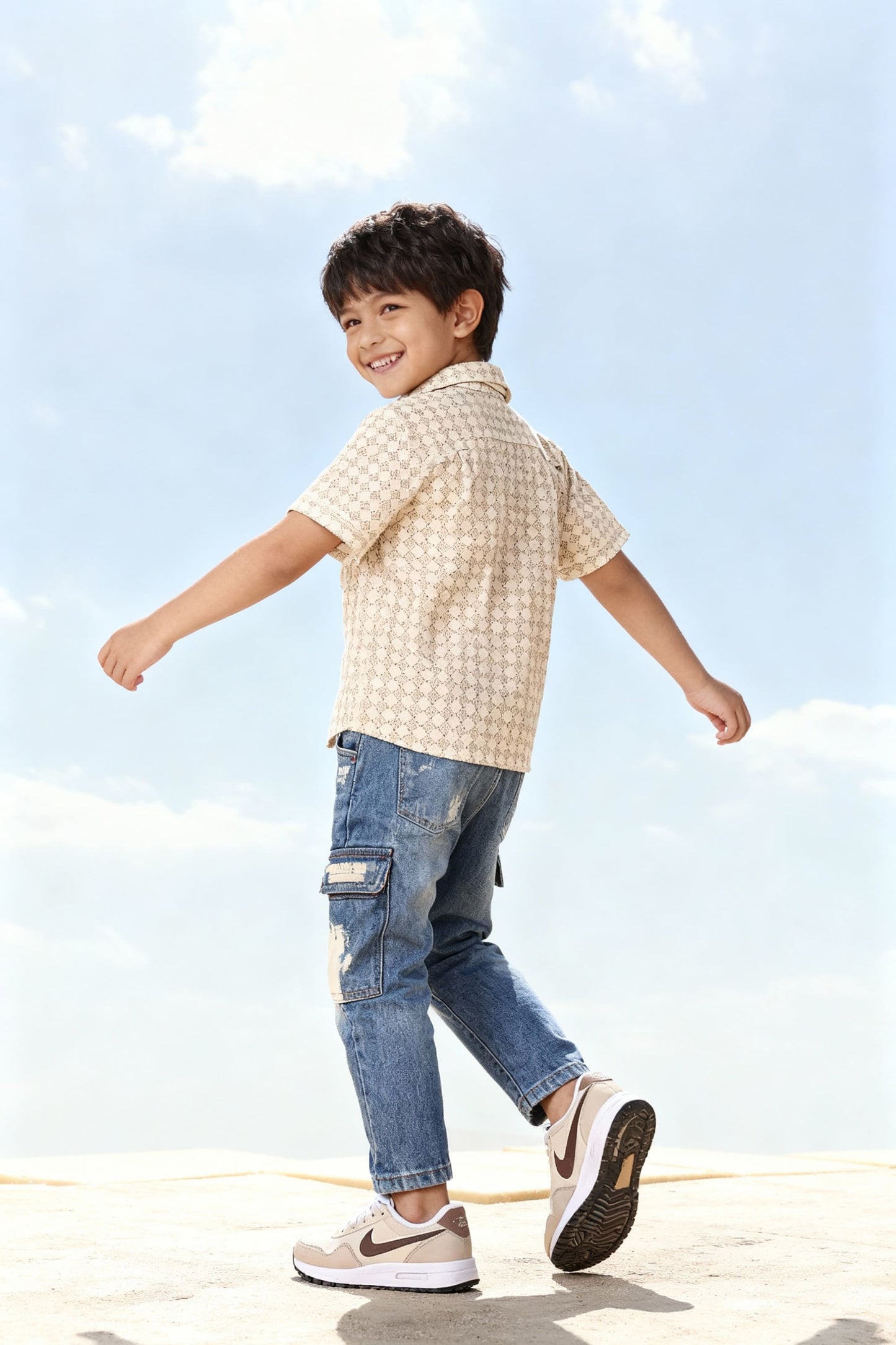 Beige Diamond Print Shirt - Kids Dress for Boys