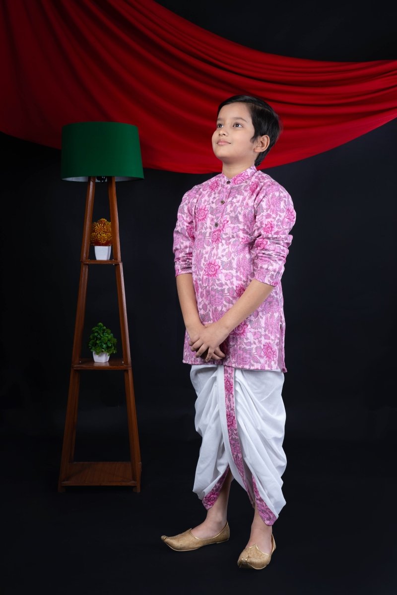 Pink Floral Kurta Dhoti Set for Boys - Diwali Ethnic Wear - Bebe Unicorn