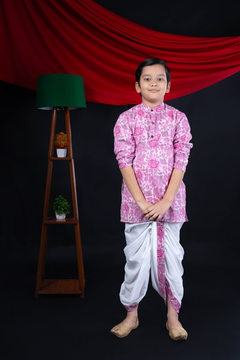 Pink Floral Kurta Dhoti Set for Boys - Diwali Ethnic Wear - Bebe Unicorn
