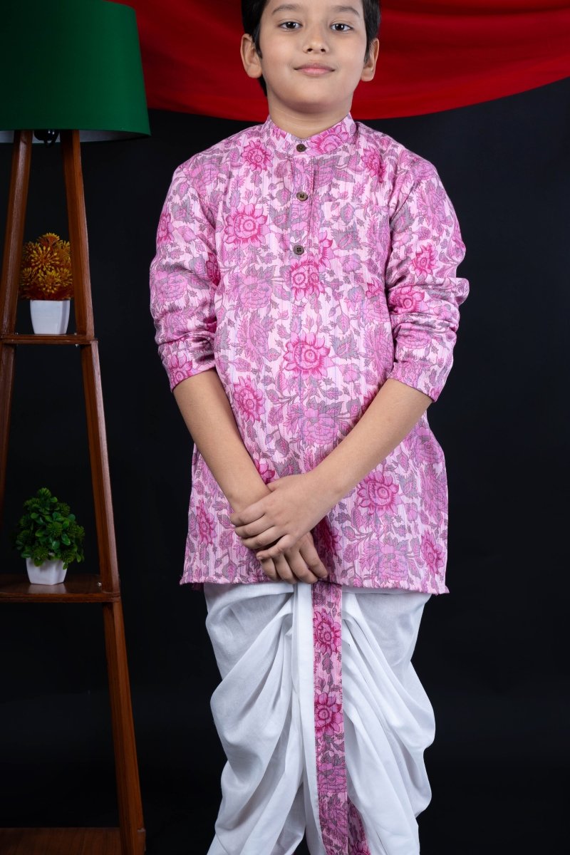 Pink Floral Kurta Dhoti Set for Boys - Diwali Ethnic Wear - Bebe Unicorn