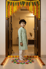 Radiant Style: Boys' Zig Zag Print Pista Color Straight Kurta with White Pajama