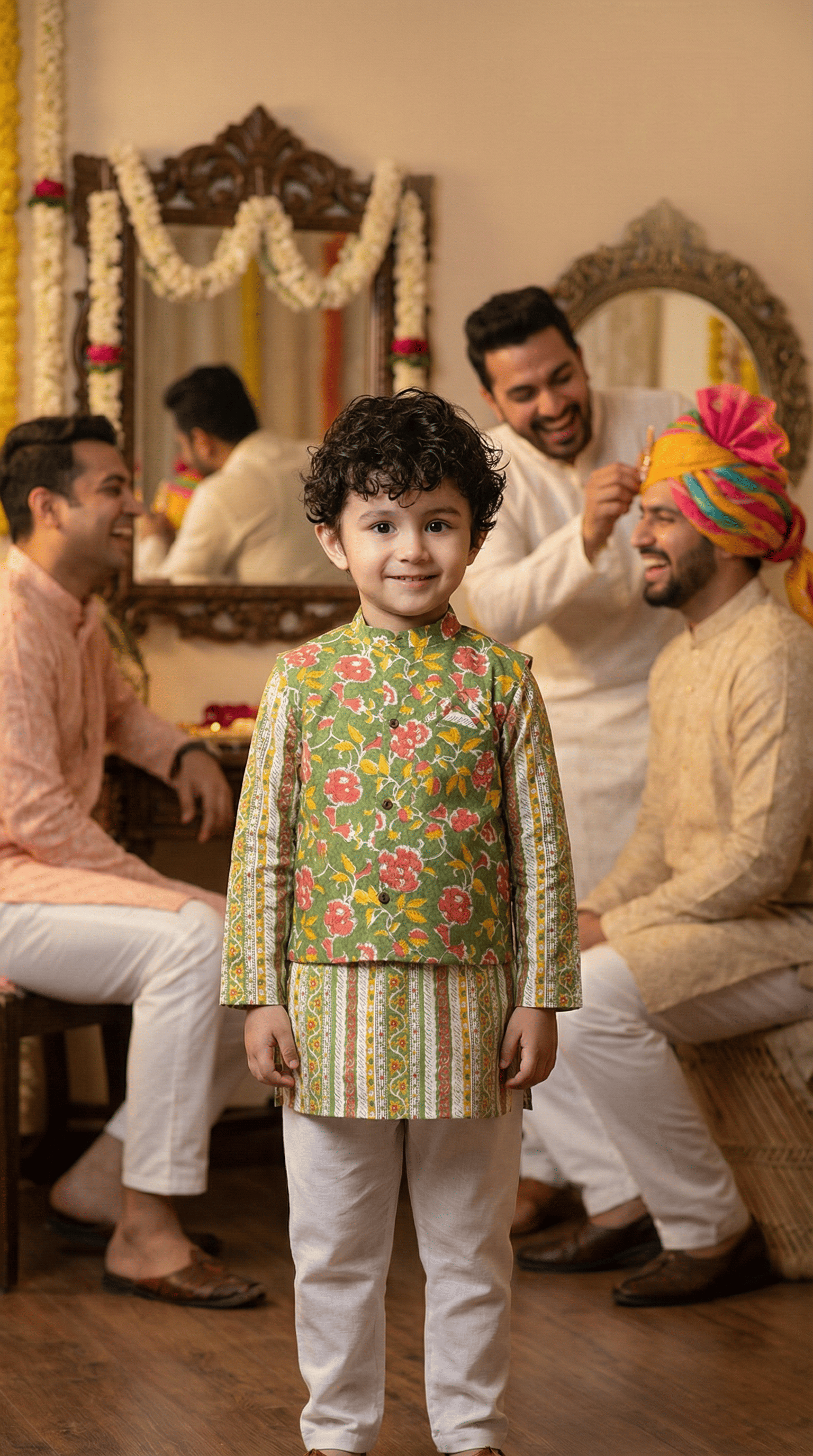 Fresh Sophistication: Boys' Floral Print Parrot Green Short Kurta with Nehru Jacket Set