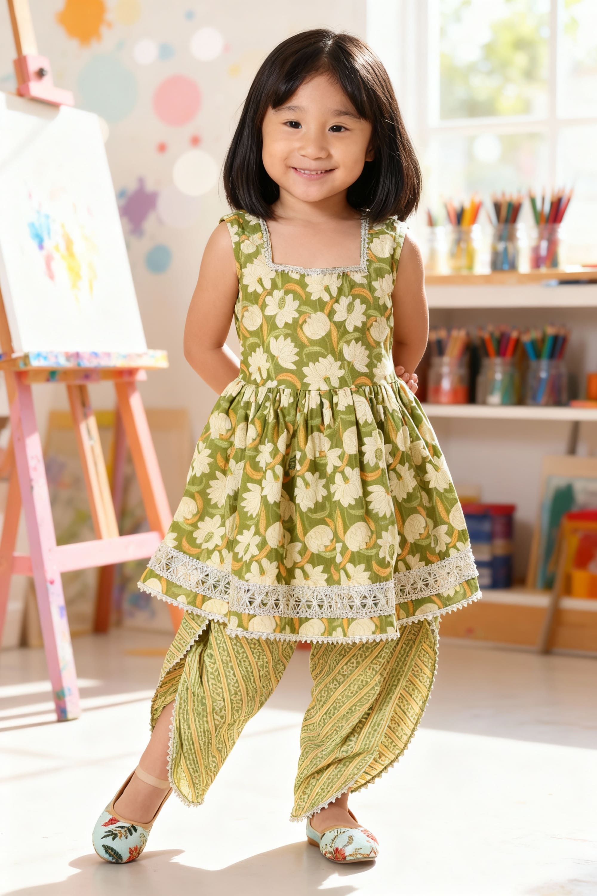 Olive Green Rakhi Dhoti Kurti Set for Girls