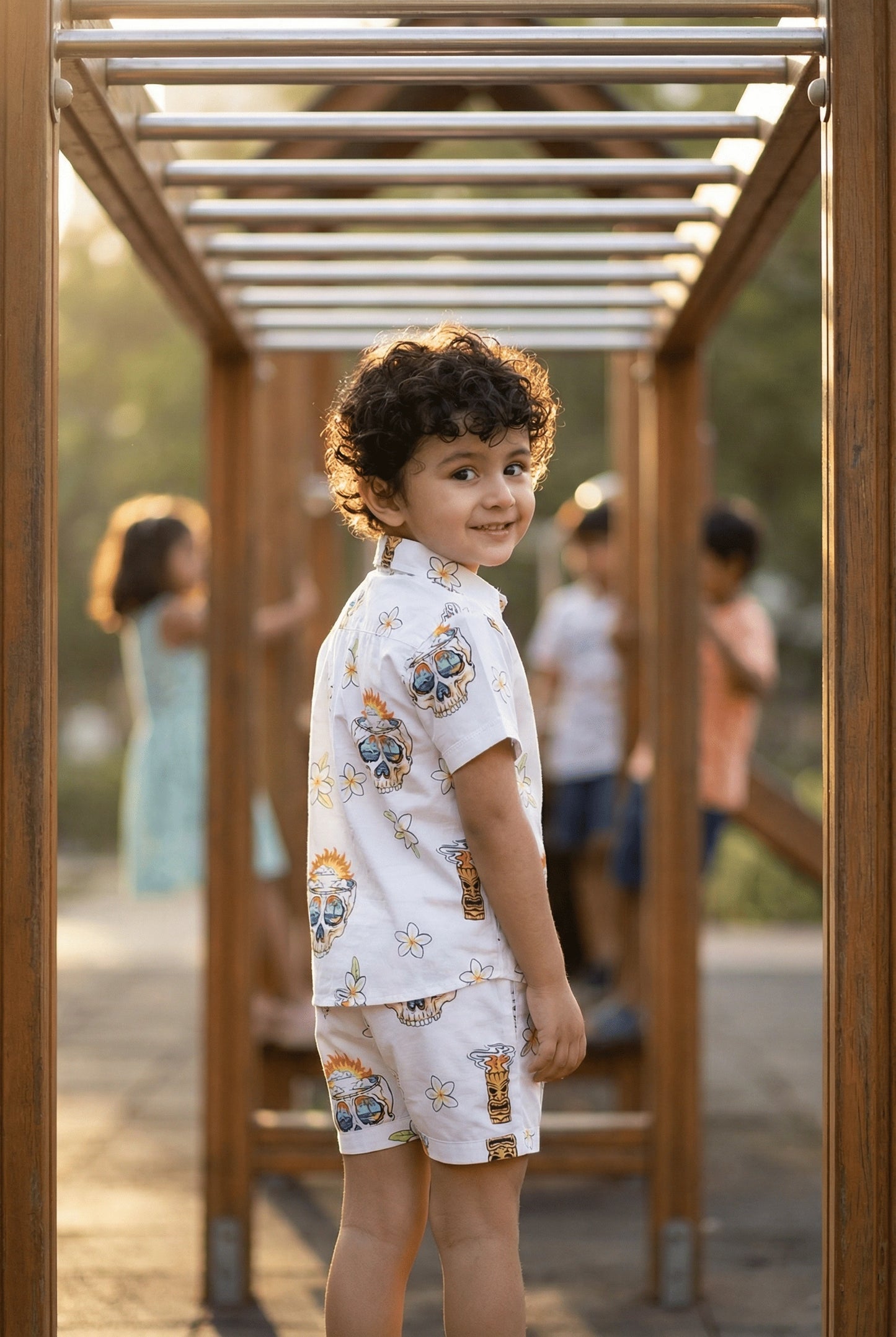 Skull Printed Pure Cotton Boys Shirt & Shorts Coord Set Clothing Set