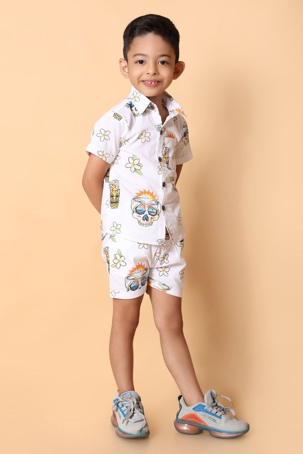 Skull Printed Pure Cotton Boys Shirt & Shorts Coord Set Clothing Set - Bebe Unicorn