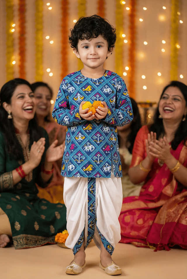 Boys Blue Jaipuri Print Kurta Dhoti Set