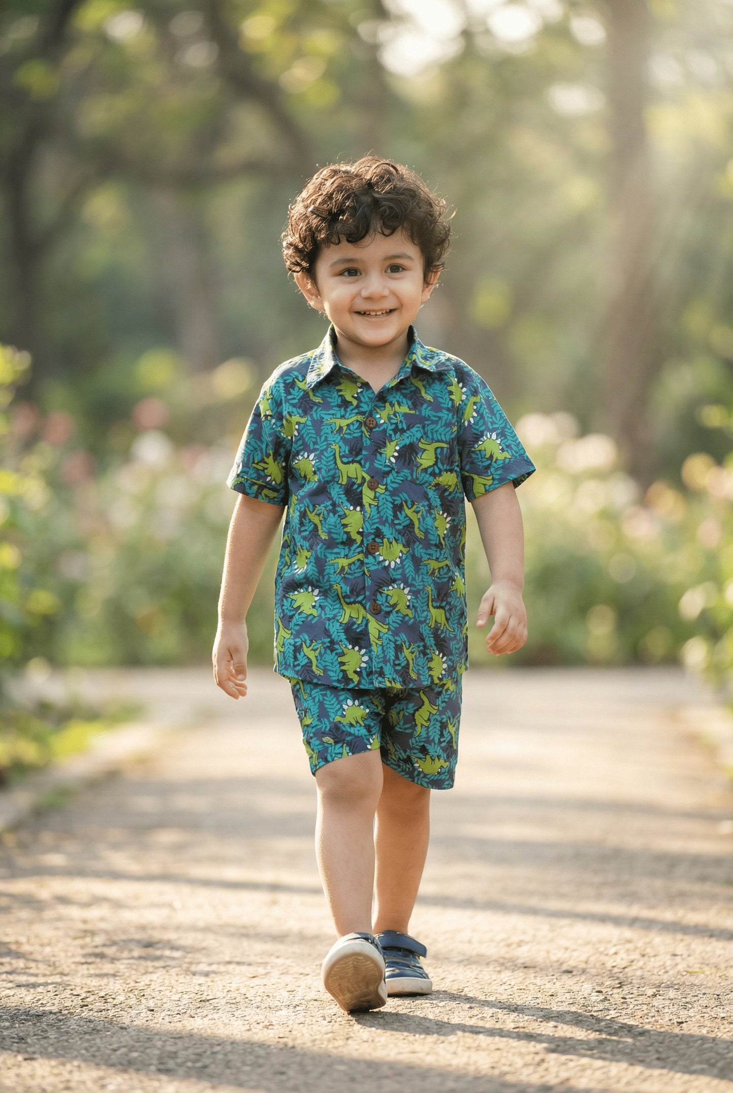 Green Dino Printed Pure Cotton Boys Shirt & Shorts Co-ord Set