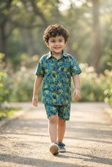 Green Dino Printed Pure Cotton Boys Shirt & Shorts Co-ord Set