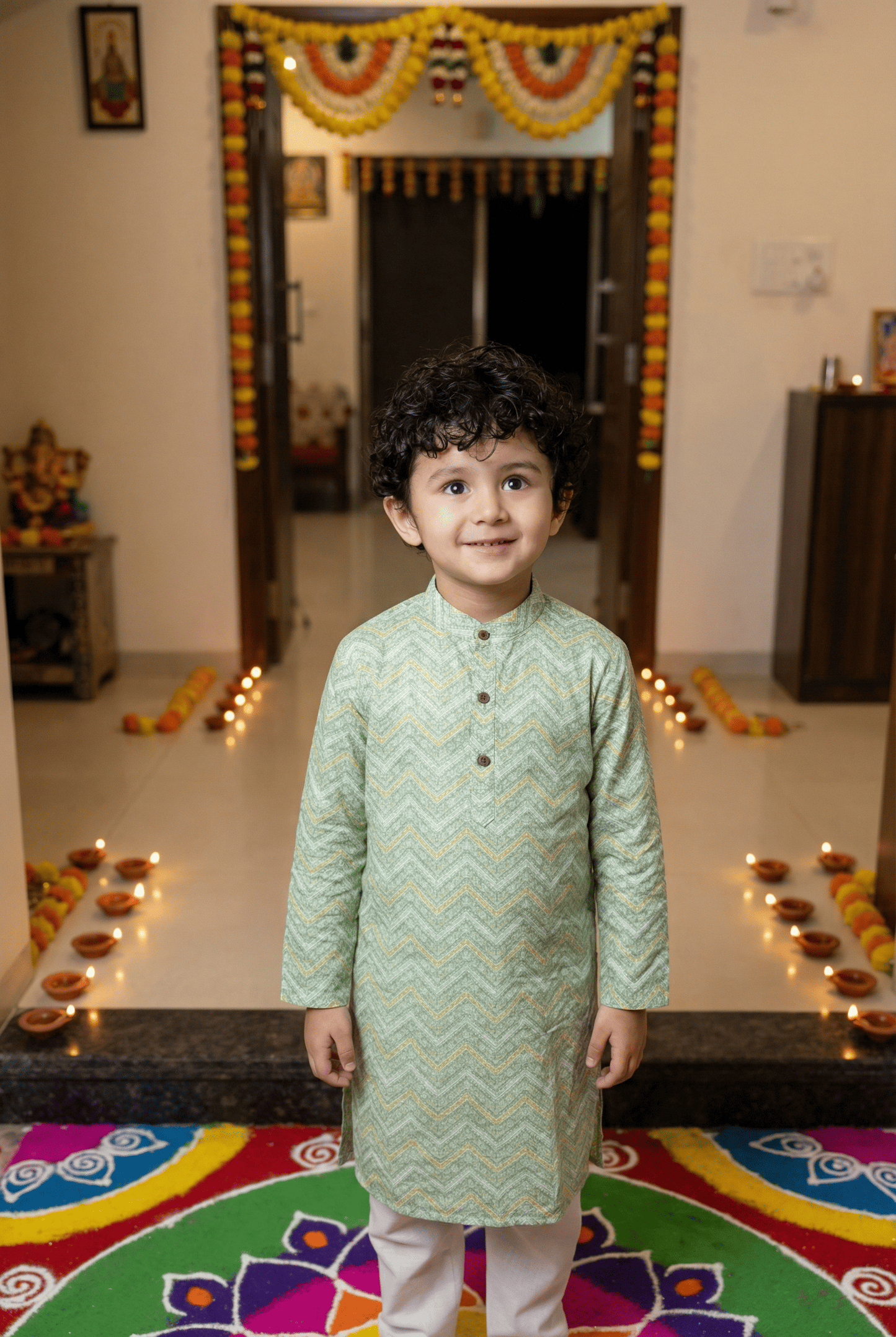 Radiant Style: Boys' Zig Zag Print Pista Color Straight Kurta with White Pajama