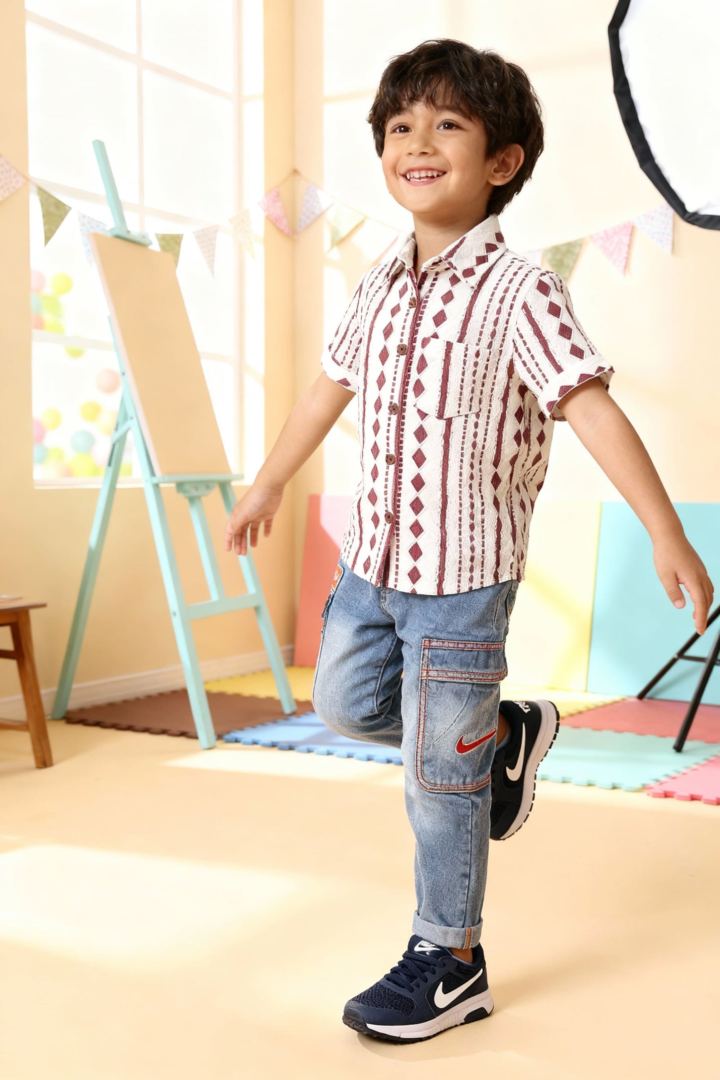 Maroon & White Ethnic Print Shirt - 4 Year Boy Festive Dress