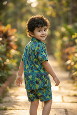 Green Dino Printed Pure Cotton Boys Shirt & Shorts Co-ord Set