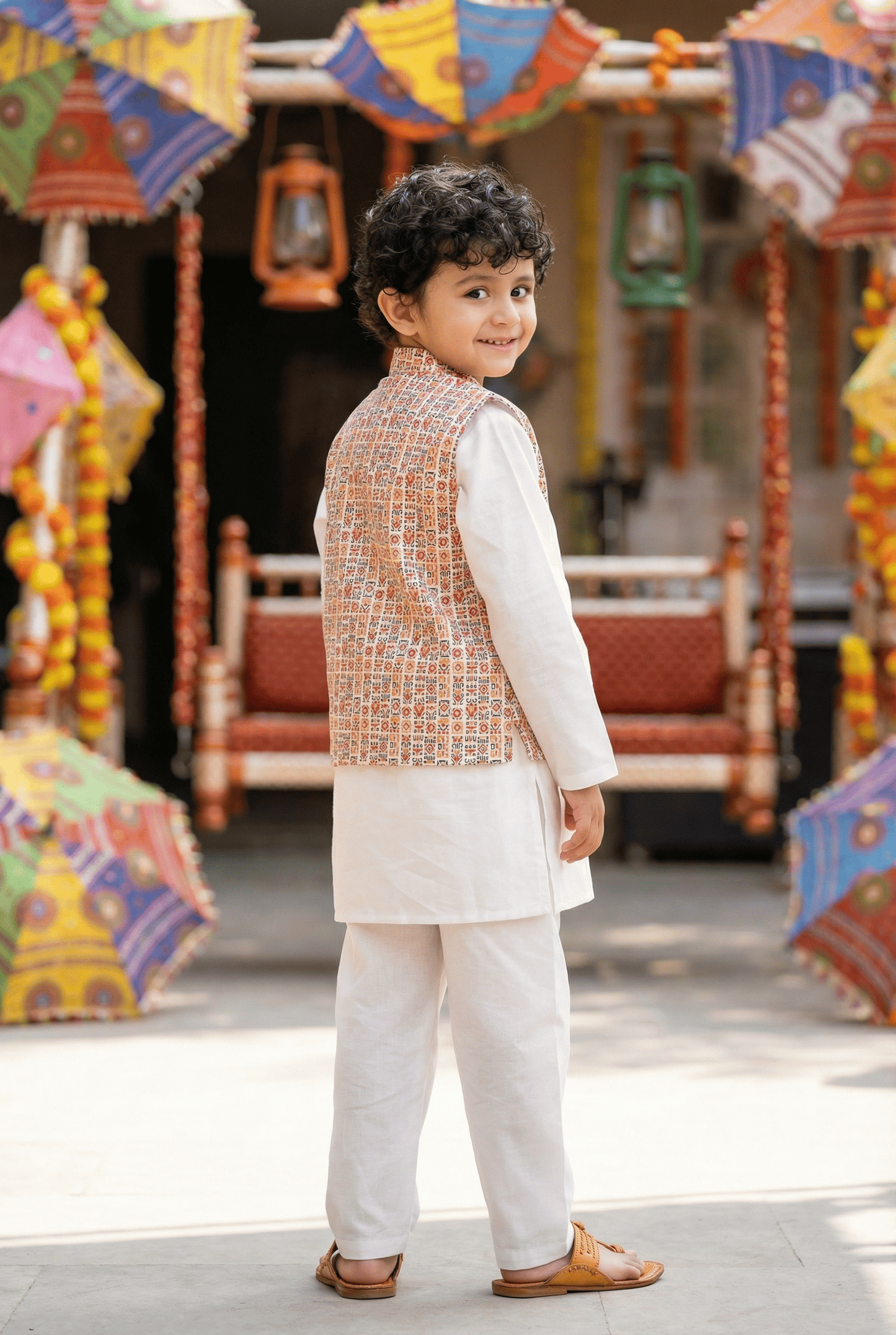Bohemian Chic: Boys' Nehru Jacket with Off-White Kurta Pyjama Set