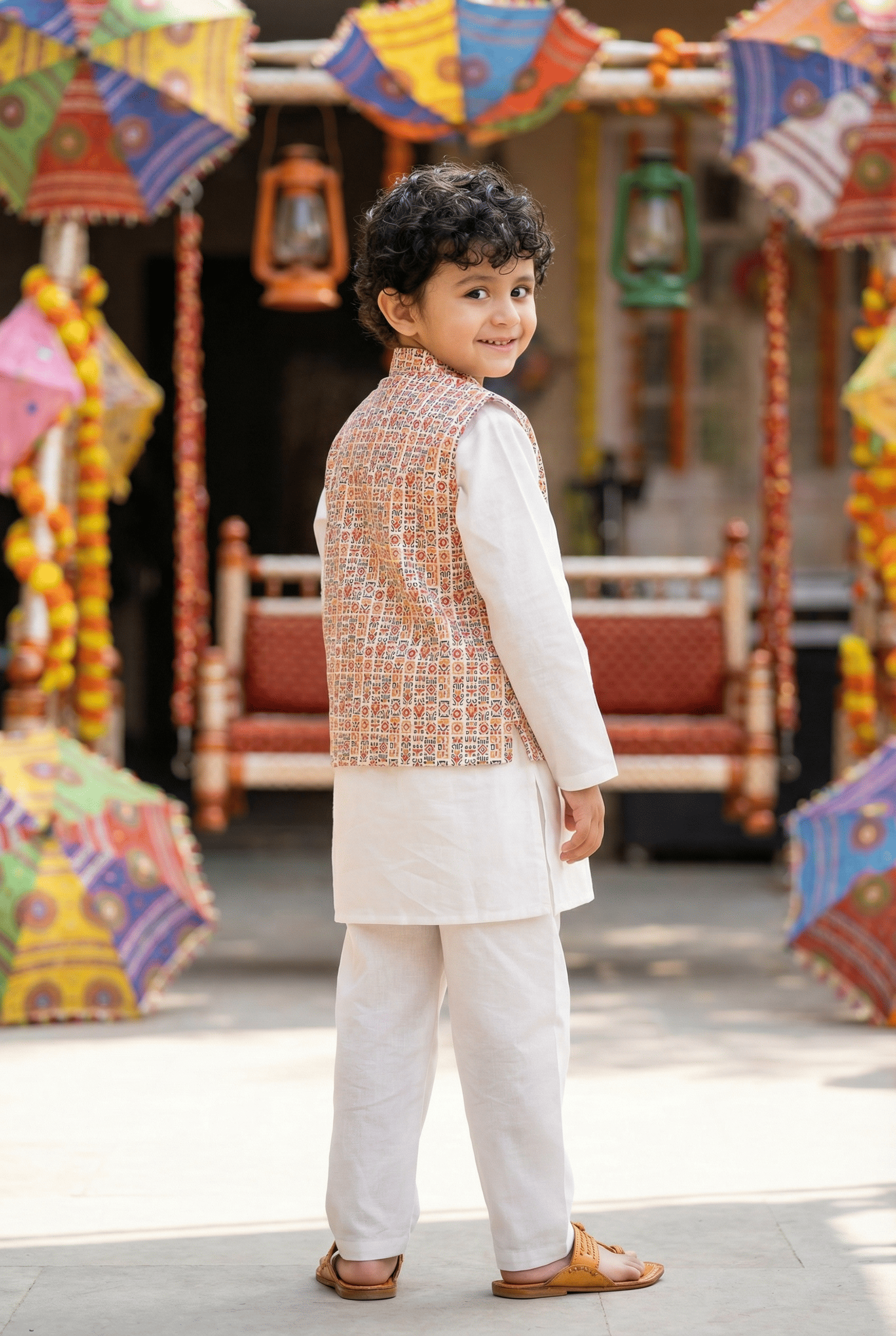 Bohemian Chic: Boys' Nehru Jacket with Off-White Kurta Pyjama Set