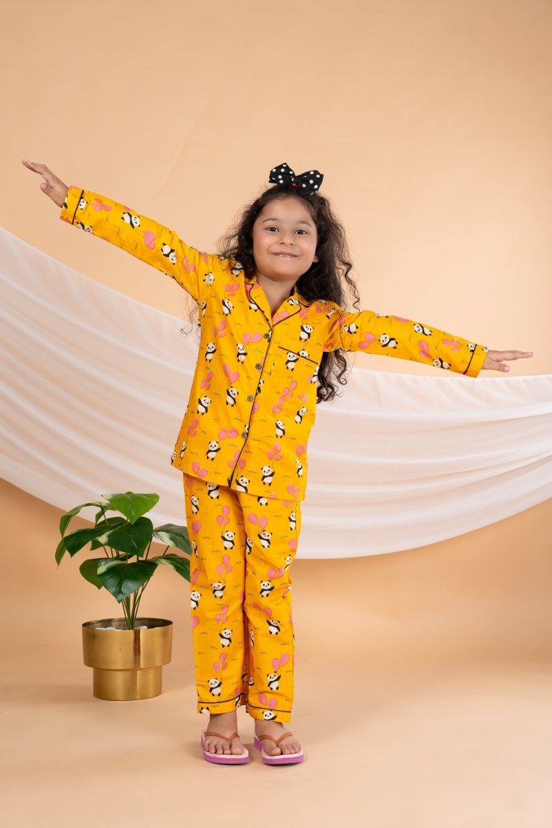 Unisex Kids Cotton Cambric Night Suit - Soft, Comfy & Breathable Sleepwear for Boys and Girls (Mustard) - Bebe Unicorn