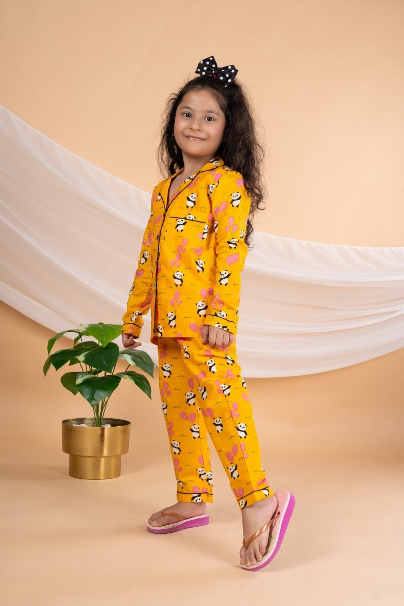 Unisex Kids Cotton Cambric Night Suit - Soft, Comfy & Breathable Sleepwear for Boys and Girls (Mustard) - Bebe Unicorn