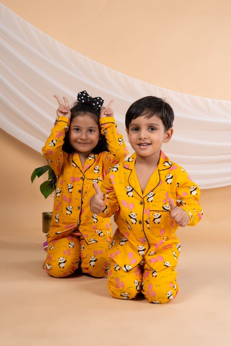 Unisex Kids Cotton Cambric Night Suit - Soft, Comfy & Breathable Sleepwear for Boys and Girls (Mustard) - Bebe Unicorn