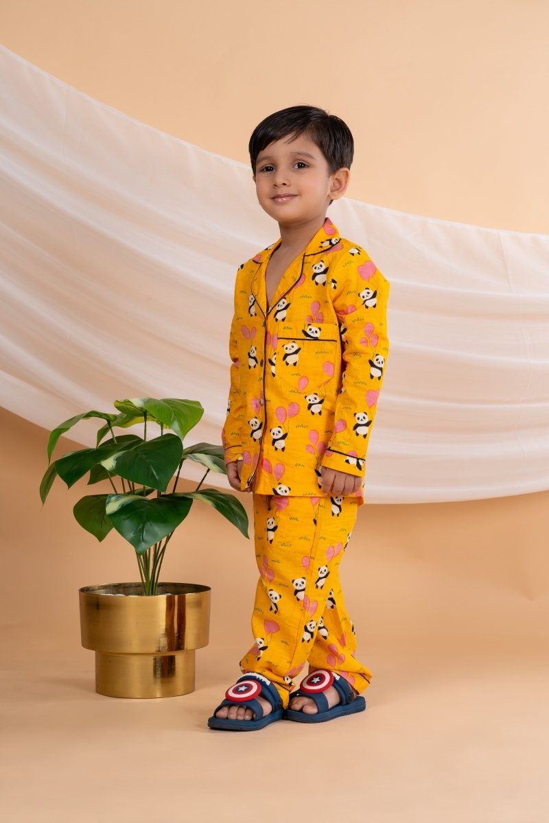 Unisex Kids Cotton Cambric Night Suit - Soft, Comfy & Breathable Sleepwear for Boys and Girls (Mustard) - Bebe Unicorn