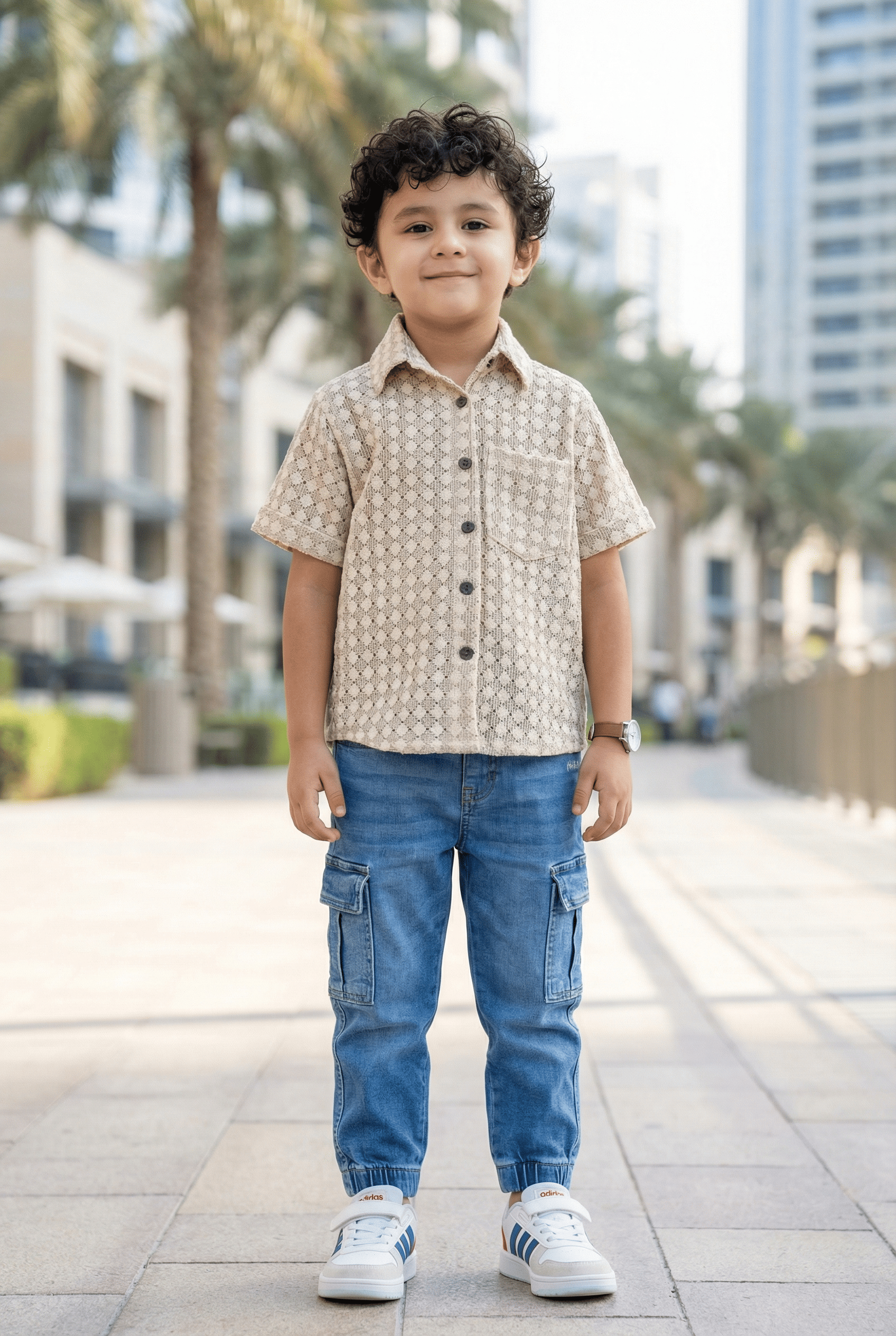 Beige Diamond Print Shirt - Kids Dress for Boys