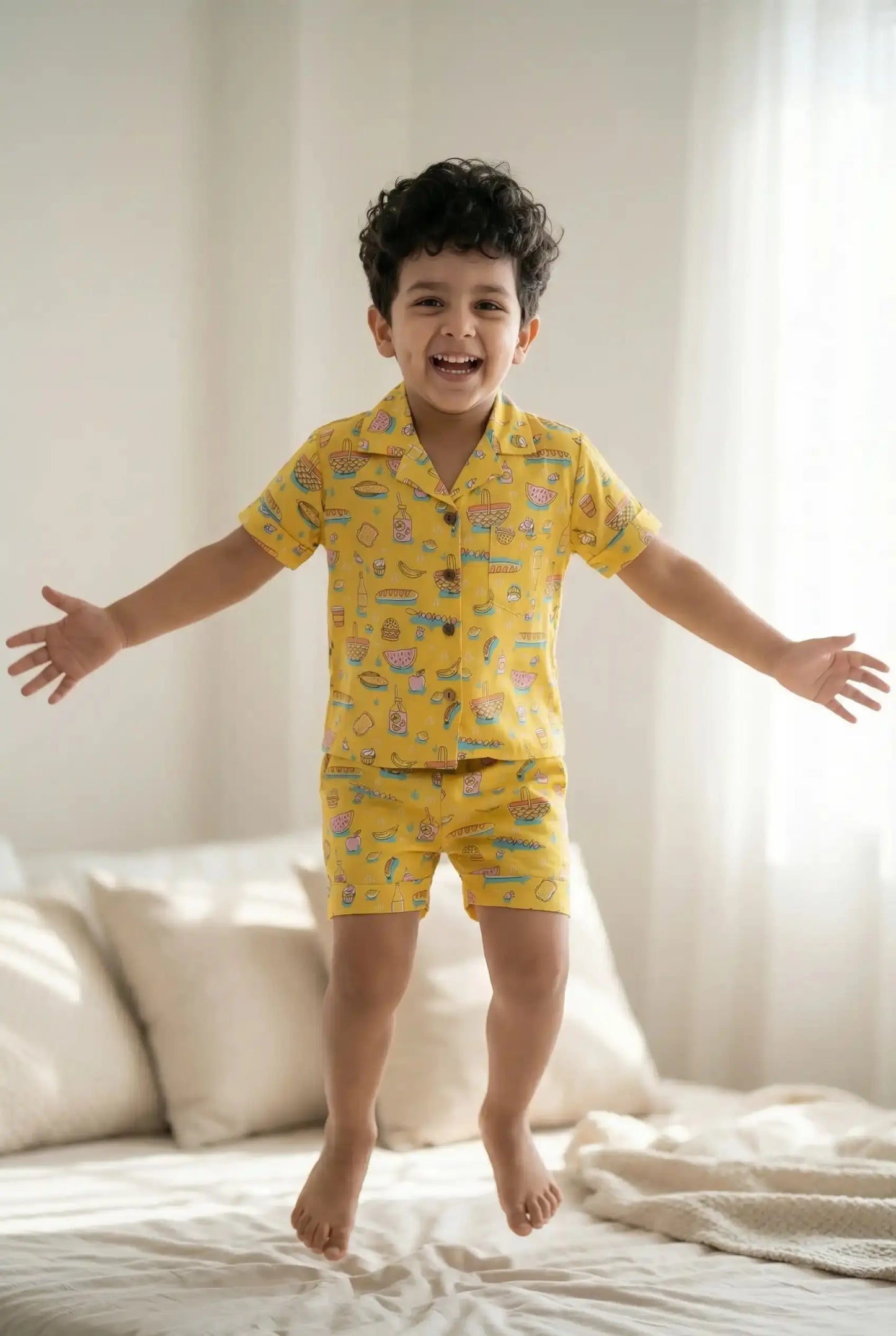 Boys Yellow Food Print Co-ord Set | Shirt & Shorts for Kids (Oversized) Bebe Unicorn